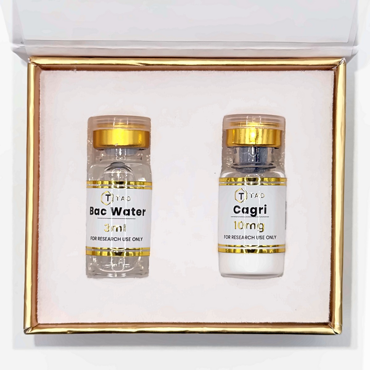 Cagrilintide 10mg research kit: vial with bacteriostatic water in the TAD presentation box