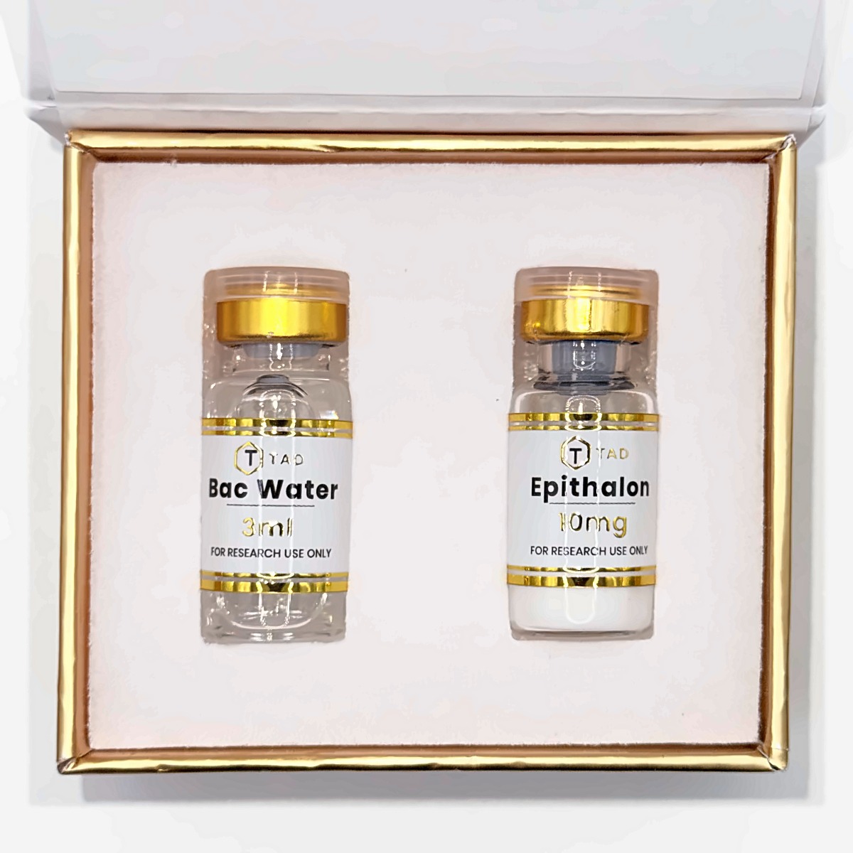 Epithalon 10mg research kit: vial with bacteriostatic water in the TAD presentation box