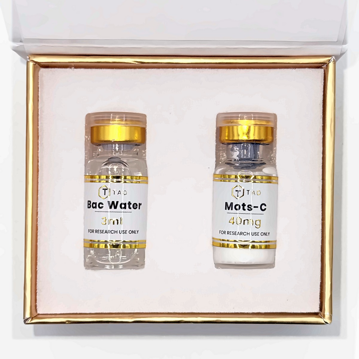MOTS-c 40mg research kit: vial with bacteriostatic water in the TAD presentation box