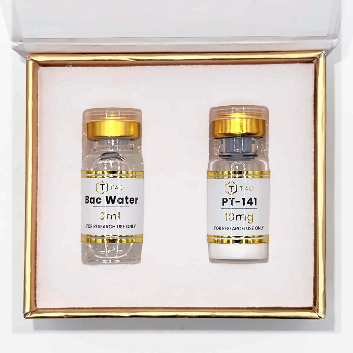 PT-141 (Bremelanotide) 10mg research kit: vial with bacteriostatic water in the TAD presentation box