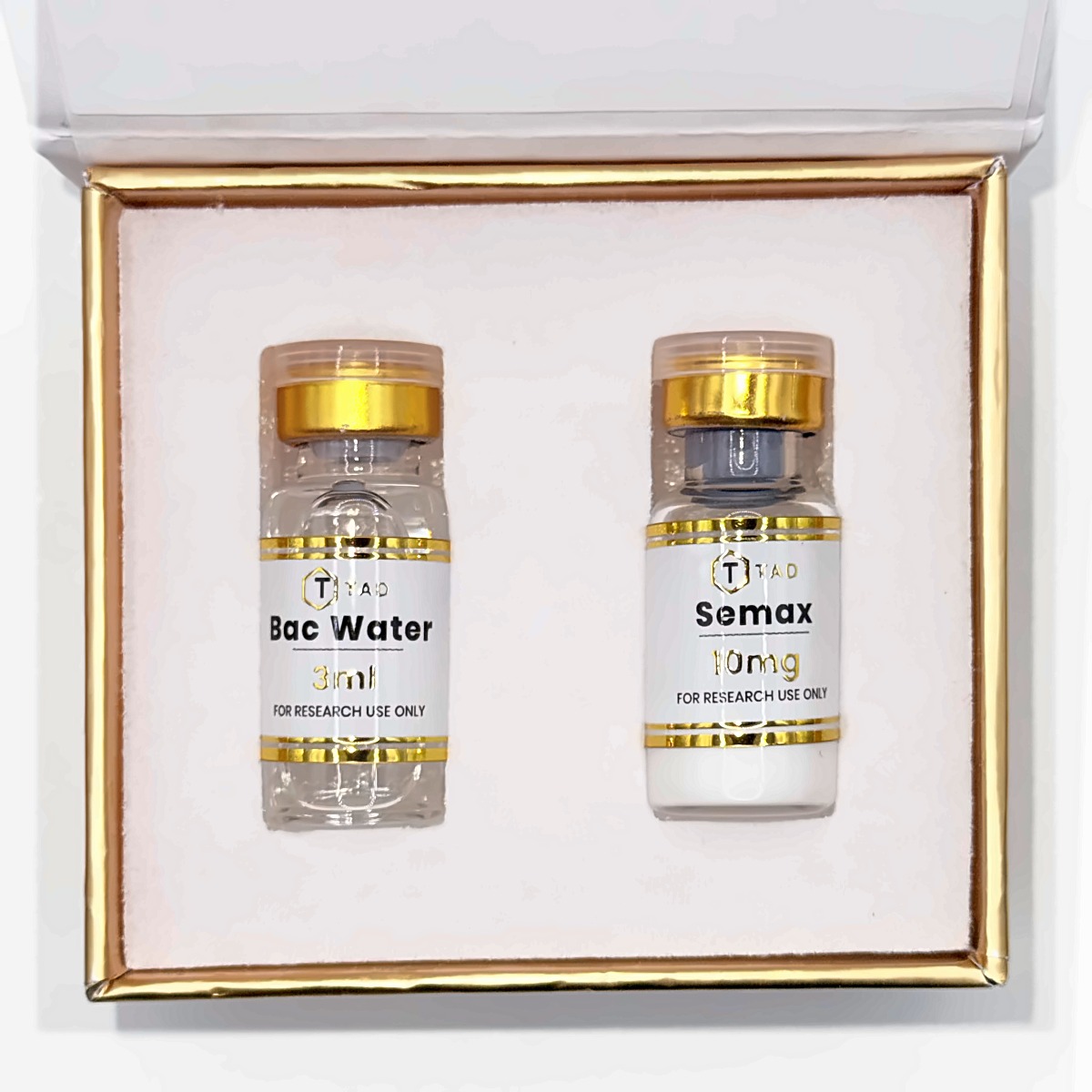 Semax 10mg research kit: vial with bacteriostatic water in the TAD presentation box