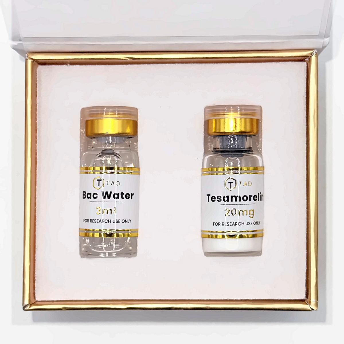 Tesamorelin 20mg research kit: vial with bacteriostatic water in the TAD presentation box